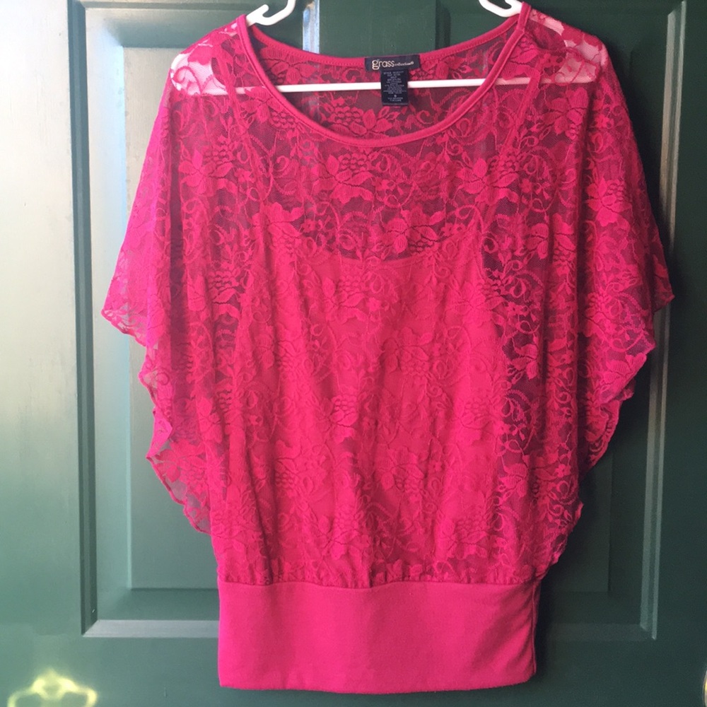 Women’s Dark Pink Short Sleeve Top with Lace Overlay (size S)